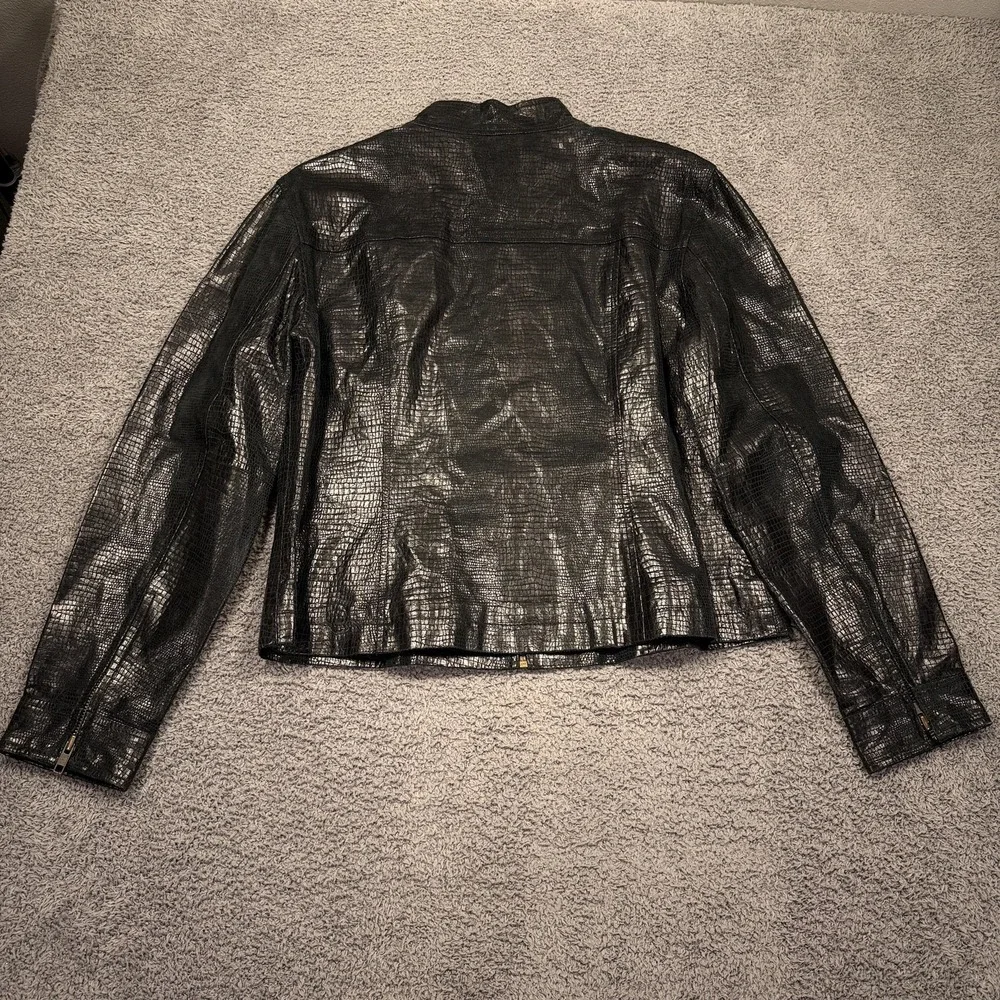 Rafaella Y2K Leather Jacket Womens 10 Black‎ Crocodile Embossed Zip Moto Biker